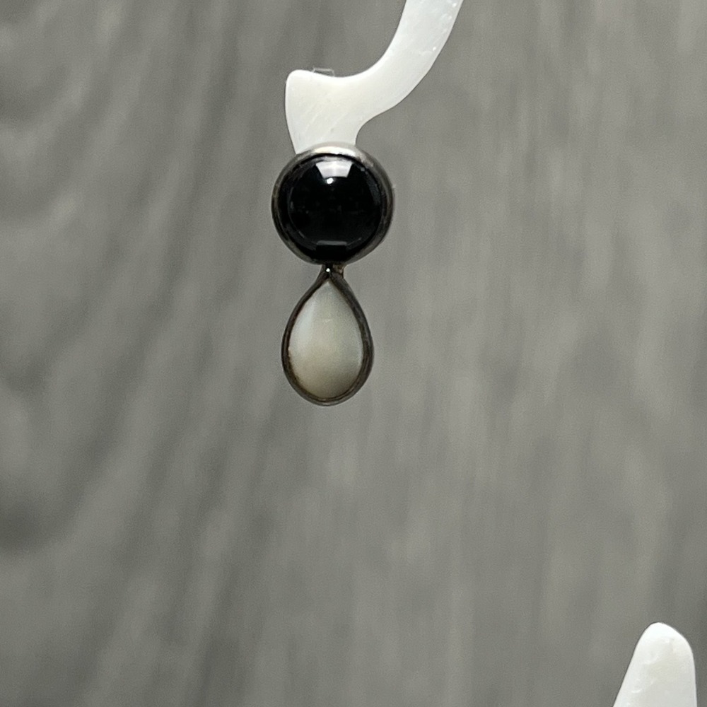 Sterling Silver 925 Black Onyx Mother of Pearl Dangle Stud Earrings - READ